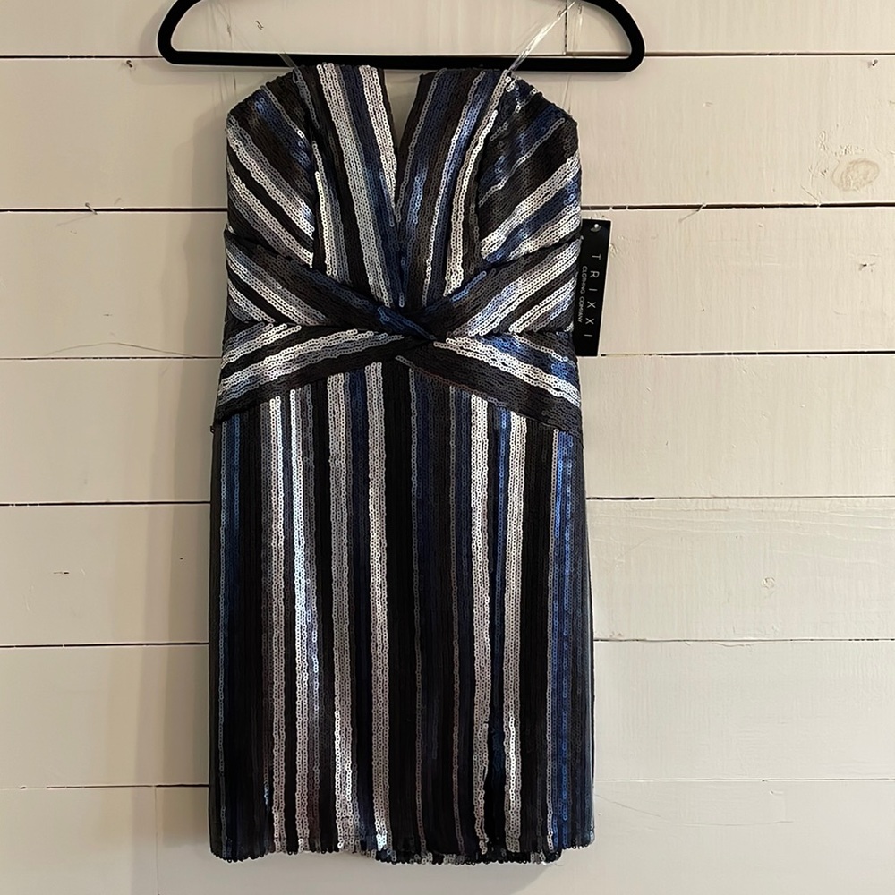 Trixxi Black, Silver & Blue Sequin Striped Formal Dress